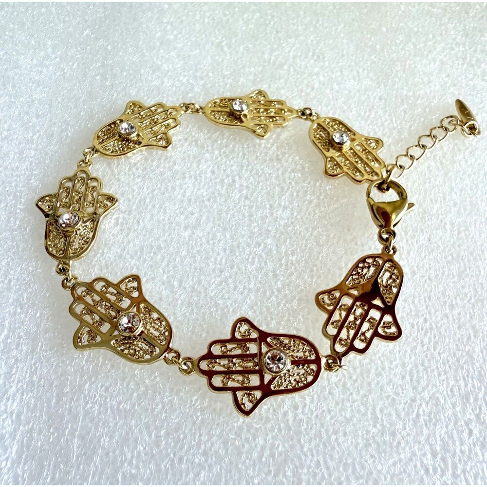 Gold Plated Hamsa Hand Link Bracelet Clear Rhinestone Accents XP Stamped